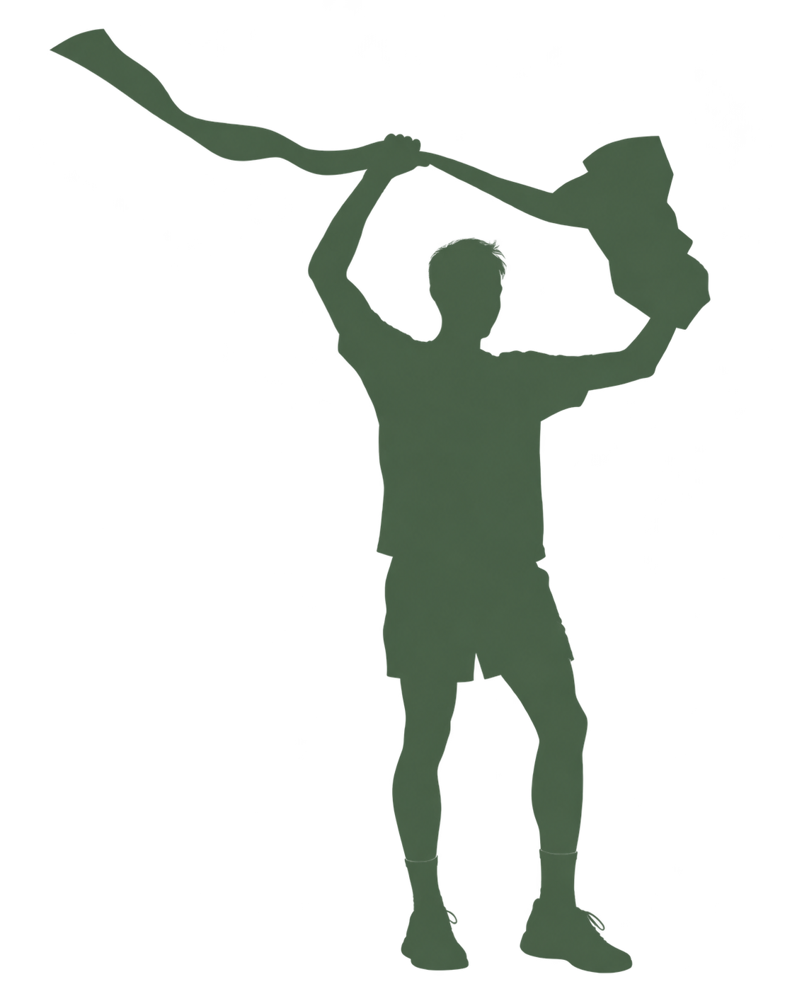 Silhouette of The Marathon Man raising the finish ribbon above his head